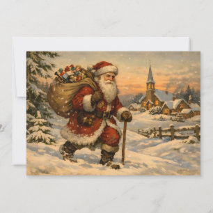 Tarjeta Festiva Santa Claus vintage caminando en la nieve 