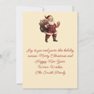 Tarjeta Festiva Santa Claus vintage con saco de juguetes y dulce r