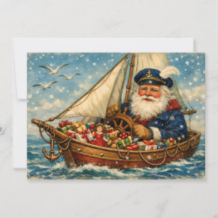 Tarjeta Festiva Santa Claus Vintage en el barco con regalos