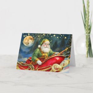 Tarjeta Festiva Santa Claus Vintage en Trineo, Luna Dorada, Estrel