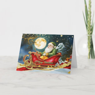 Tarjeta Festiva Santa Claus Vintage en Trineo, Luna Llena, Estrell
