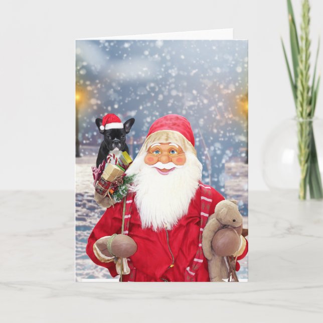 Tarjeta Festiva Santa Claus w Navidades regalos Bulldog francés (Anverso)