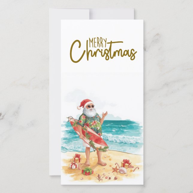 Tarjeta Festiva Santa Claus with Surf Board Christmas tropical  (Anverso)