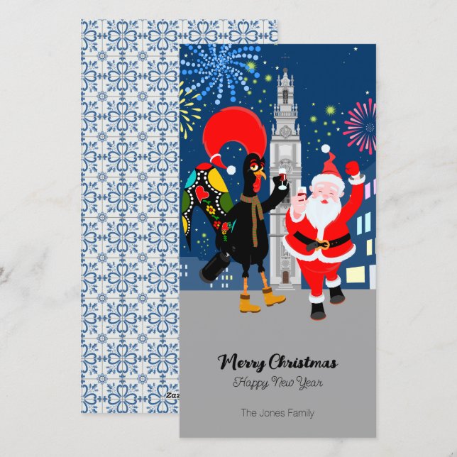 Tarjeta Festiva Santa Claus y la tostada de gallo al Año Nuevo (Anverso / Reverso)