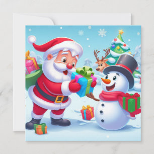 Tarjeta Festiva Santa Claus y muñeco de nieve lindos