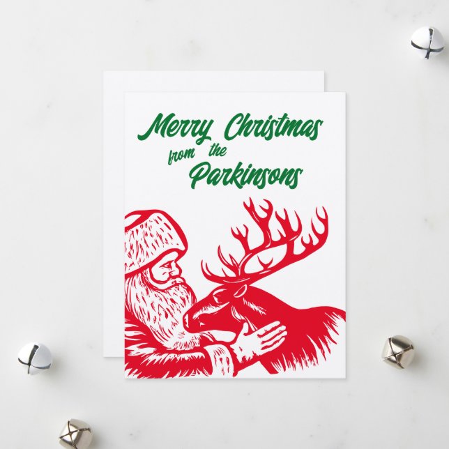 Tarjeta Festiva Santa Claus y Reno de Madera Antiguo (Anverso/Reverso In Situ)