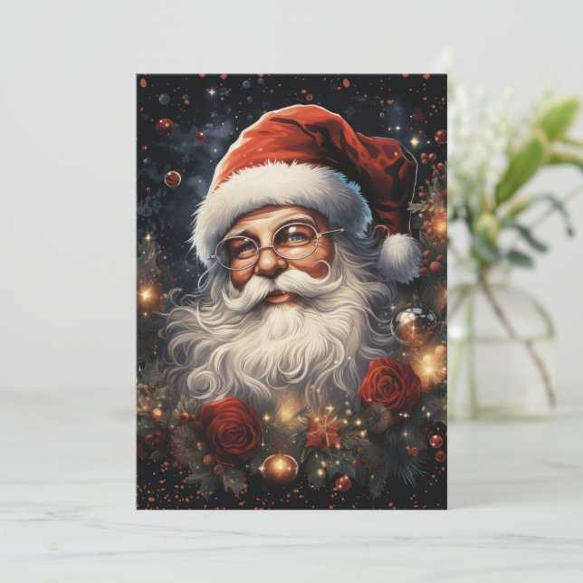 Tarjeta Festiva Santa Claus y rosas rojas (Anverso de pie)