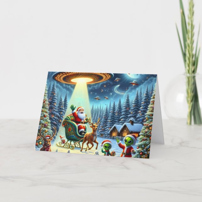 Tarjeta Festiva Santa Claus's UFO Alien Helpers Christmas (Anverso)