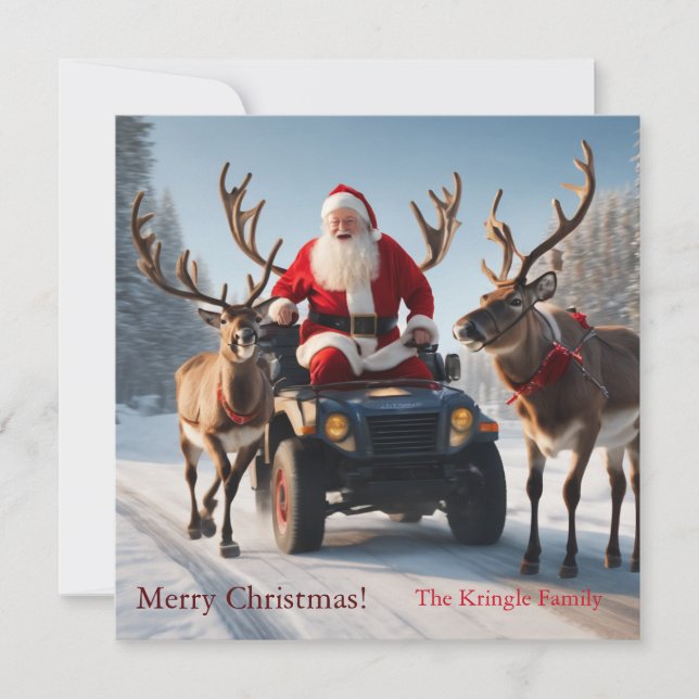 Tarjeta Festiva Santa Cláusula montada en 4 ruedas (Anverso)