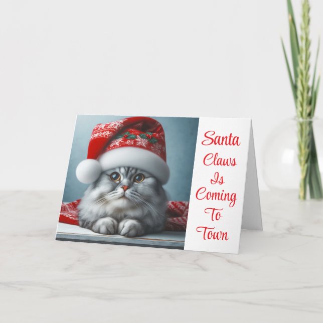 Tarjeta Festiva Santa Claw llega a la ciudad - Gato gatito festivo (Anverso)