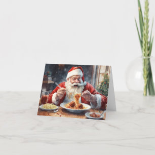 Tarjeta Festiva Santa comiendo espagueti de comida italiana y albó