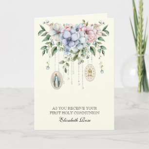 Tarjeta Festiva Santa Comunión Virgen María Oración Floral