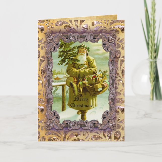 Tarjeta Festiva Santa con árbol y juguetes victorianos (Anverso)