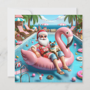 Tarjeta Festiva Santa con gato flotando en el Fiesta de los Navida