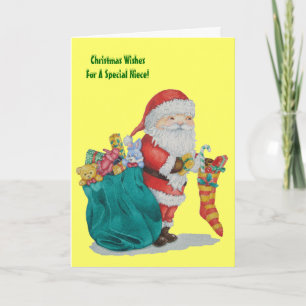 Tarjeta Festiva santa con los juguetes y los regalos para el