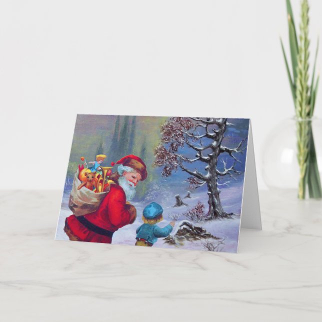 TARJETA FESTIVA SANTA CON NIÑO EN EL PAISAJE DE NIEVE INVIERNO (Anverso)