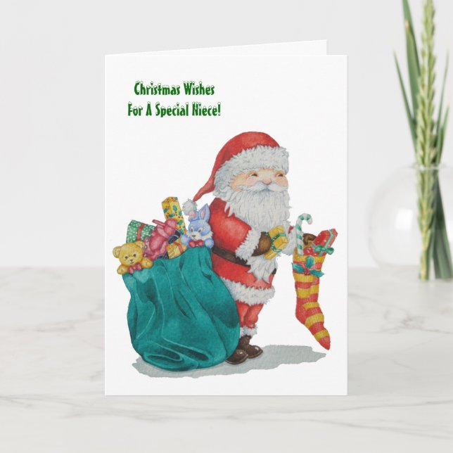Tarjeta Festiva santa con saco y juguetes y regalos para navidades (Anverso)