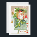 Tarjeta Festiva Santa con Tratamientos y Pino Recubierto de Nieve<br><div class="desc">Encantadora y colorida viñeta de Santa con una bolsa de regalos rodeada de ramas de pino cubiertas de nieve,  campanas de bronce,  lazo y trenzas festivas. Atrás se muestran elementos gráficos coordinados por personalizados con campos de texto editables.</div>
