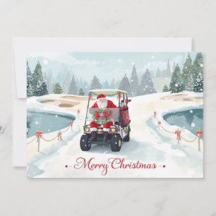 Tarjeta Festiva Santa conduciendo un carrito de golf en un campo d