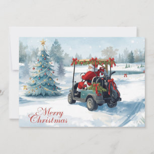 Tarjeta Festiva Santa conduciendo un carrito de golf en un campo d