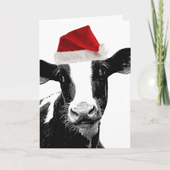 Tarjeta Festiva Santa Cow - Vaca lechera con sombrero Santa (Anverso)
