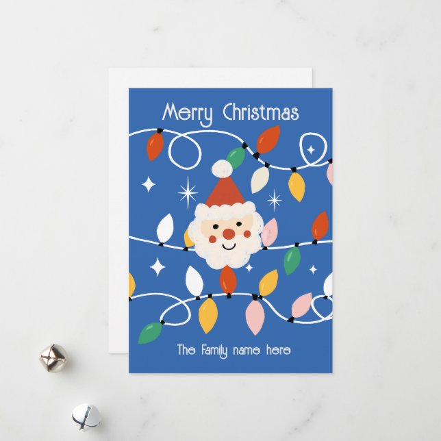 Tarjeta Festiva Santa Cuta Retro con luces de hadas azules (Anverso/Reverso In Situ)