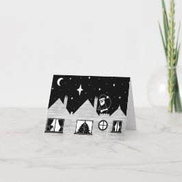 Tarjeta Festiva Santa cutánea con saco en el techo blanco y negro