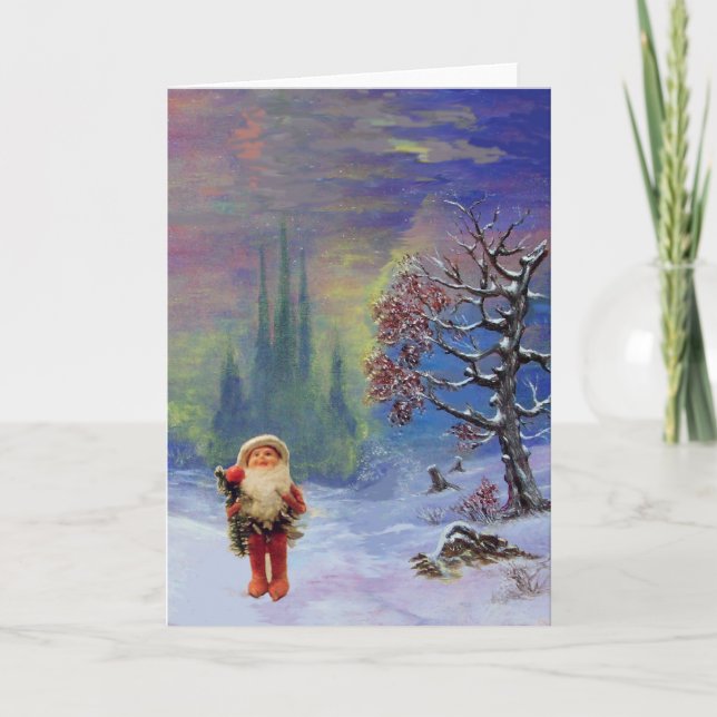Tarjeta Festiva SANTA DE LOS GNOMES Navidades de invierno azules s (Anverso)