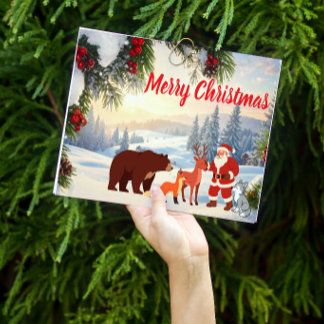 Tarjeta Festiva Santa de Montaña Nevada con Animales del Bosque