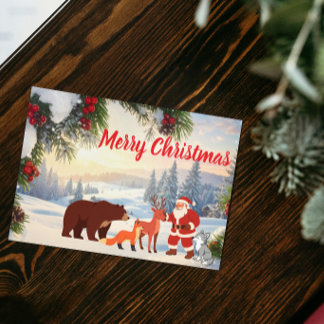 Tarjeta Festiva Santa de Montaña Nevada con Animales del Bosque