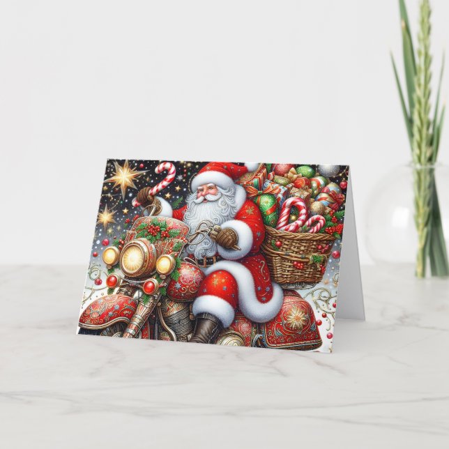 Tarjeta Festiva Santa Delivering Packages on Red Motorcycle (Anverso)