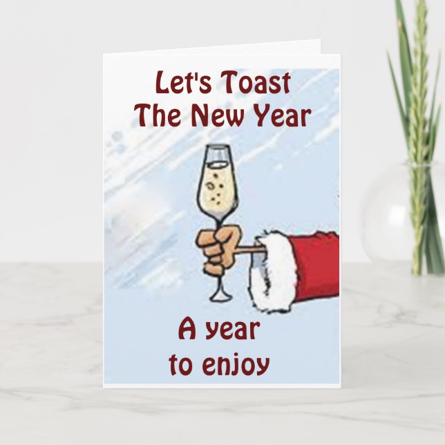 TARJETA FESTIVA SANTA DICE QUE FELIZ AÑO NUEVO CON UN TOAST (Anverso)