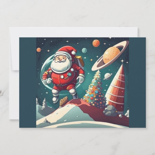 Tarjeta Festiva Santa divertido en el espacio retro (Anverso)