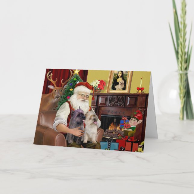 Tarjeta Festiva Santa en casa - Cairn Terriers (dos) (Anverso)