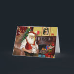 Tarjeta Festiva Santa en casa - Corgi galés<br><div class="desc">Santa en casa con su cachorro galés Corgi,  relajándose frente al fuego antes de la gran noche. (Noten a Mona Lisa sobre el manto.)</div>