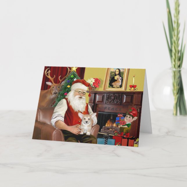 Tarjeta Festiva Santa en casa - Corgi galés (Anverso)
