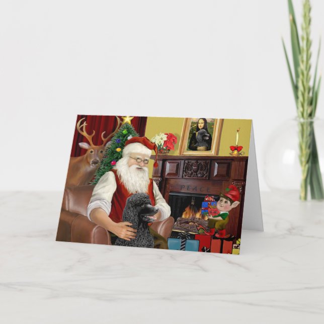 Tarjeta Festiva Santa en casa - Poodle (negro estándar) (Anverso)