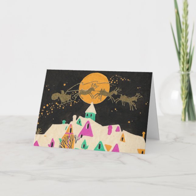 Tarjeta Festiva Santa en el cielo con techos (Anverso)