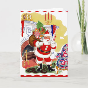 Tarjeta Festiva Santa en la chimenea trayendo juguetes