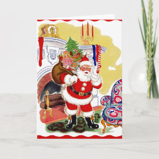 Tarjeta Festiva Santa en la chimenea trayendo juguetes