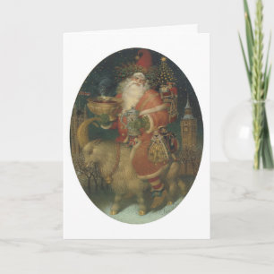 Tarjeta Festiva Santa en una cabra