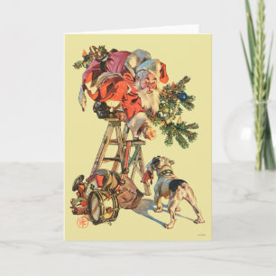 Tarjeta Festiva Santa encima de una escalera