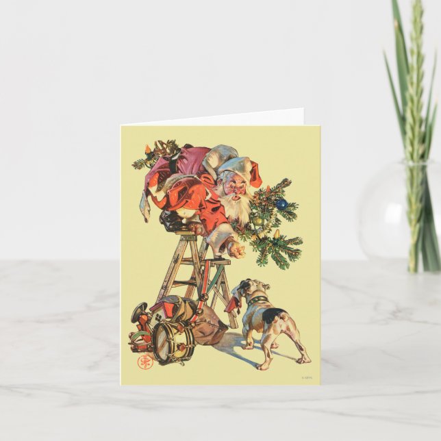 Tarjeta Festiva Santa encima de una escalera (Anverso)