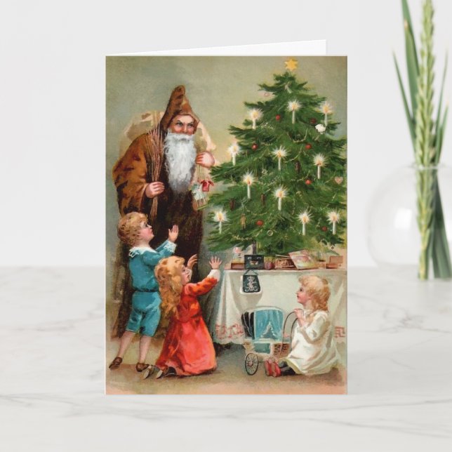 Tarjeta Festiva Santa Enfadada victoriana alrededor del árbol (Anverso)