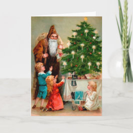 Tarjeta Festiva Santa Enfadada victoriana alrededor del árbol