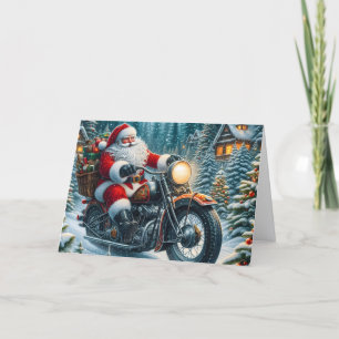 Tarjeta Festiva Santa entregando paquetes en motocicleta