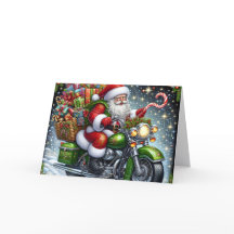 Santa entregando paquetes en motocicleta verde