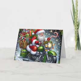 Tarjeta Festiva Santa entregando paquetes en motocicleta verde