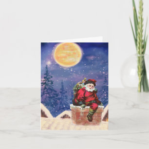 Tarjeta Festiva Santa entregando regalos a la luz de la luna