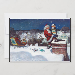 Tarjeta Festiva Santa entregando una carga de libros de Wyeth